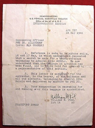 Original 1946 Letter Concerning Nazi Prisoner of War Admiral Otto Schultz