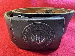 Nazi Army EM Buckle with Leather Tab Dated 1942 (Vienna Maker) and Black Leather Belt Dated 1943...$195 SOLD